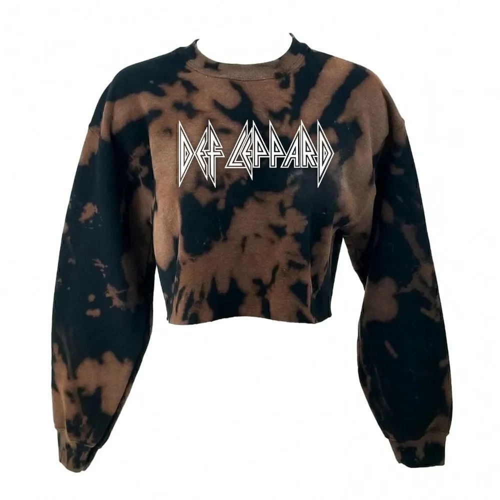 DEF LEPPARD Heavy Metal Rock Band Acid Wash Cropped Crop Top Crewneck Sweatshirt